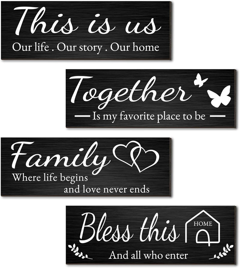 Joyhawk 4 Pieces Home Wall Decor Signs, THIS IS US/TOGETHER/BLESS THIS HOME/FAMILY Wall Decor For Living Room Bedroom, Rustic Wooden Farmhouse Wall Art Decor, 4.7 x 13.8 Inch(Black) - Image 1